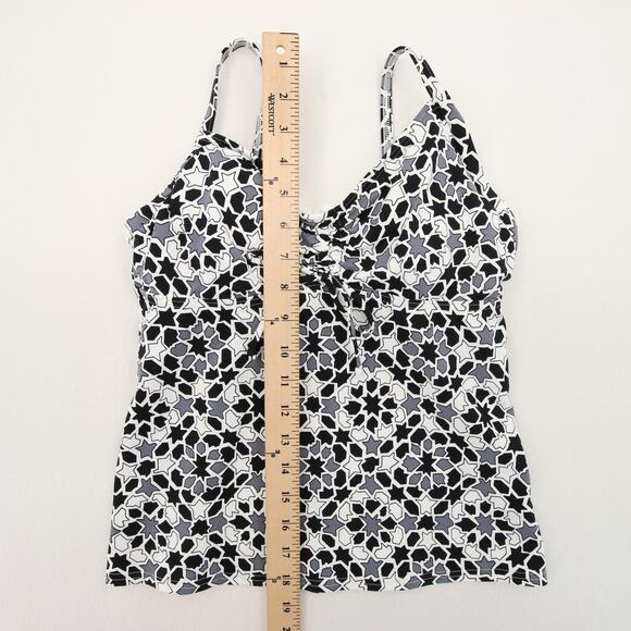 Lands End Tankini Top Black White Geometric Print Ruched Bow Tie V Neck Size 2 - Picture 4 of 9